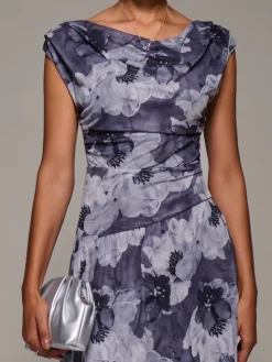 Asymmetric Draped Mesh Maxi Dress, Black Abstract