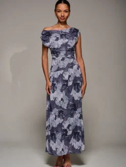 Asymmetric Draped Mesh Maxi Dress, Black Abstract