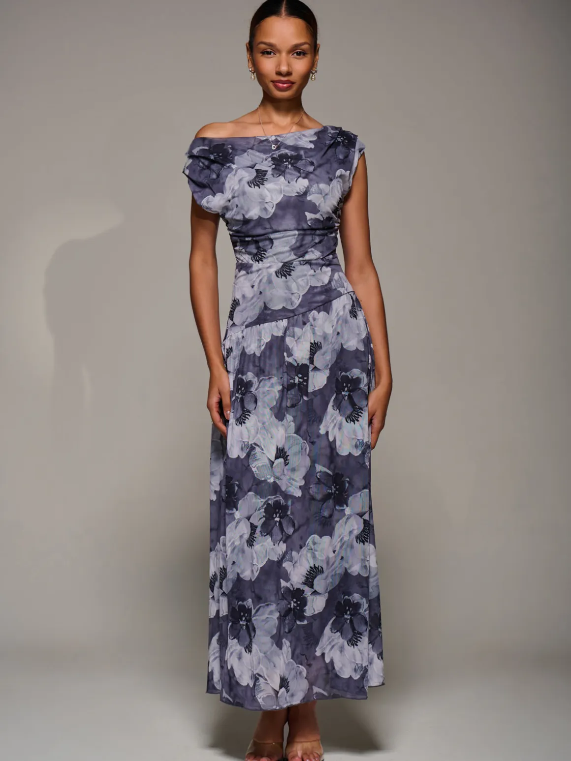 Asymmetric Draped Mesh Maxi Dress, Black Abstract