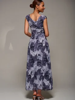 Asymmetric Draped Mesh Maxi Dress, Black Abstract