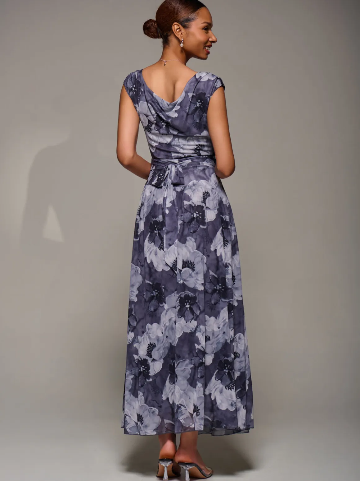 Asymmetric Draped Mesh Maxi Dress, Black Abstract