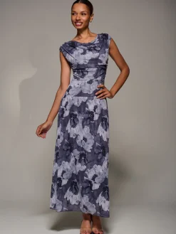 Asymmetric Draped Mesh Maxi Dress, Black Abstract