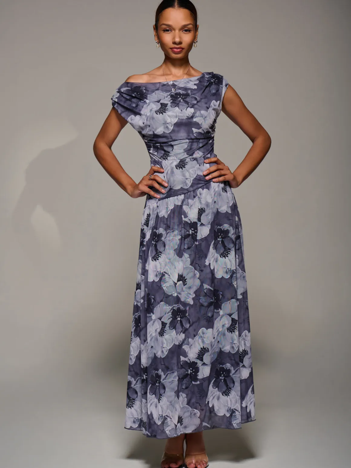 Asymmetric Draped Mesh Maxi Dress, Black Abstract