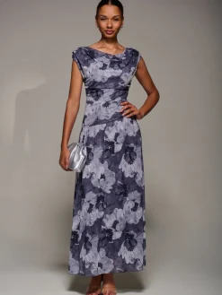 Asymmetric Draped Mesh Maxi Dress, Black Abstract