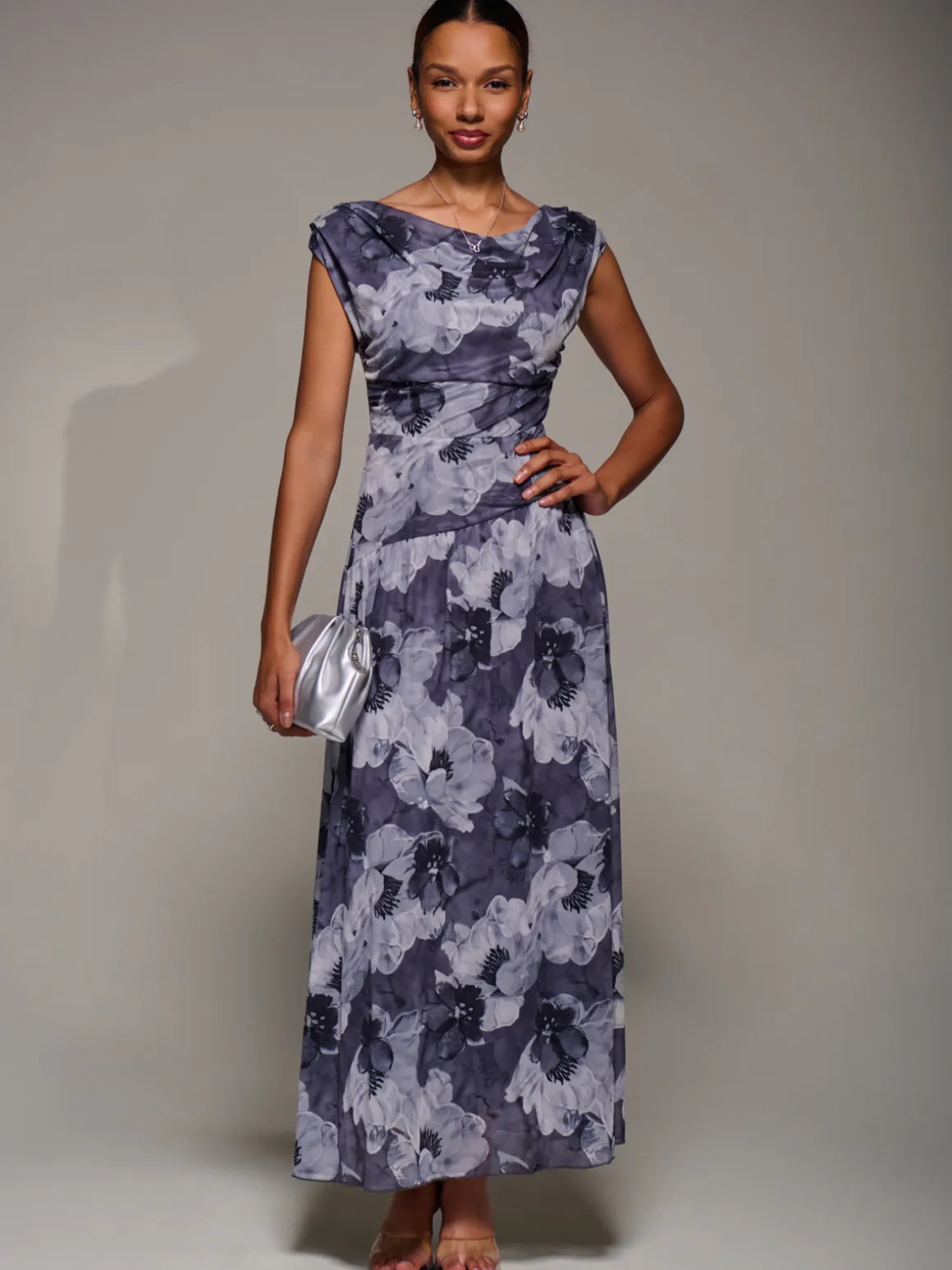 Asymmetric Draped Mesh Maxi Dress, Black Abstract