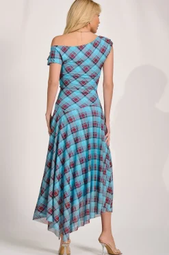 Asymmetric Draped Mesh Maxi Dress, Blue Check