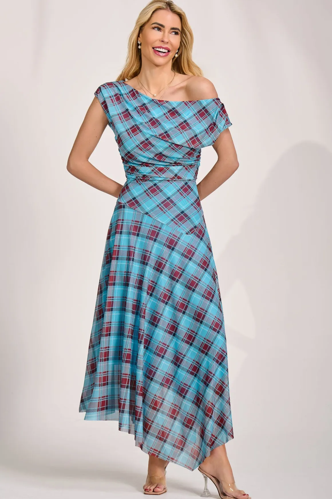Asymmetric Draped Mesh Maxi Dress, Blue Check