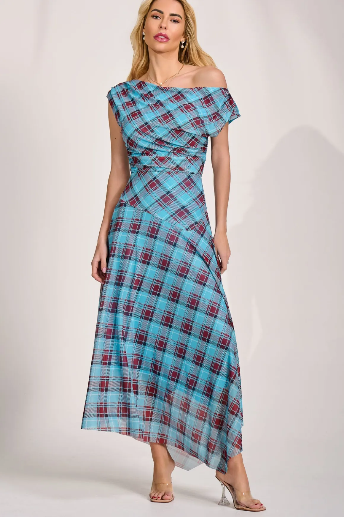 Asymmetric Draped Mesh Maxi Dress, Blue Check