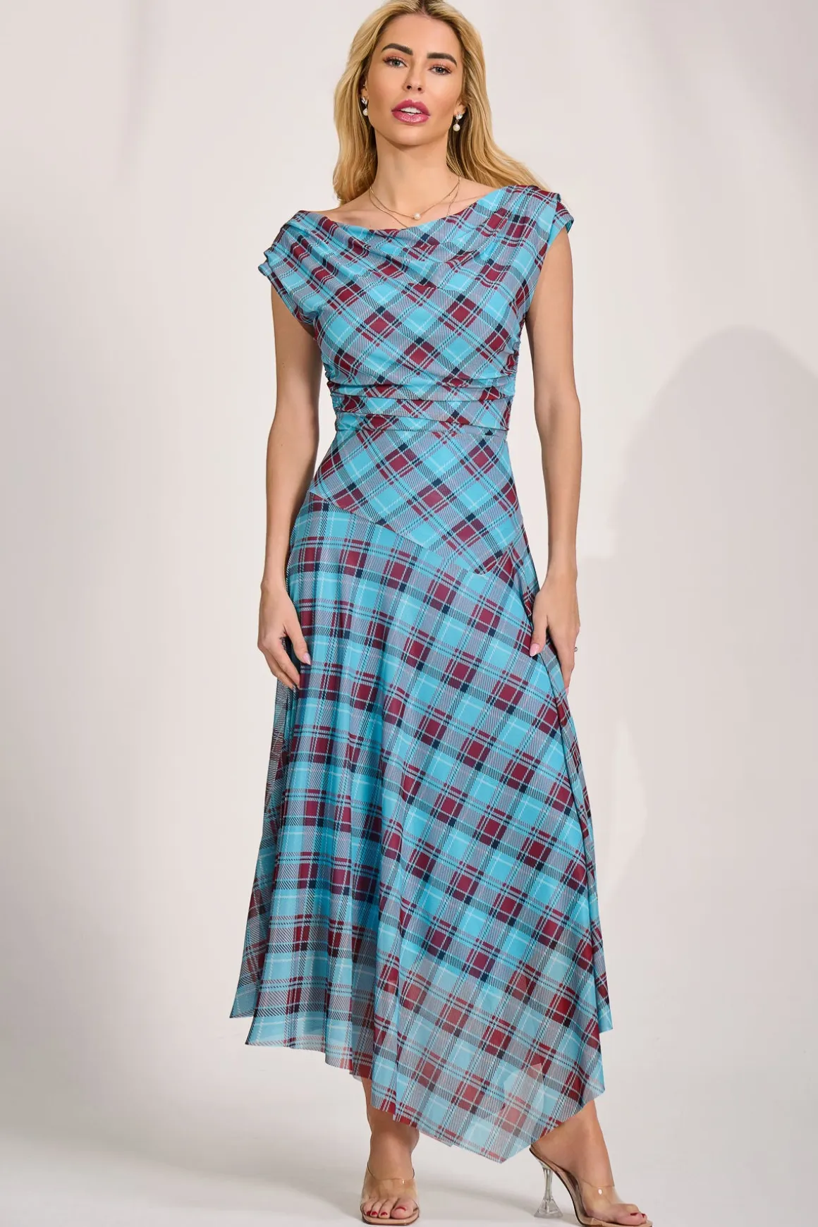 Asymmetric Draped Mesh Maxi Dress, Blue Check