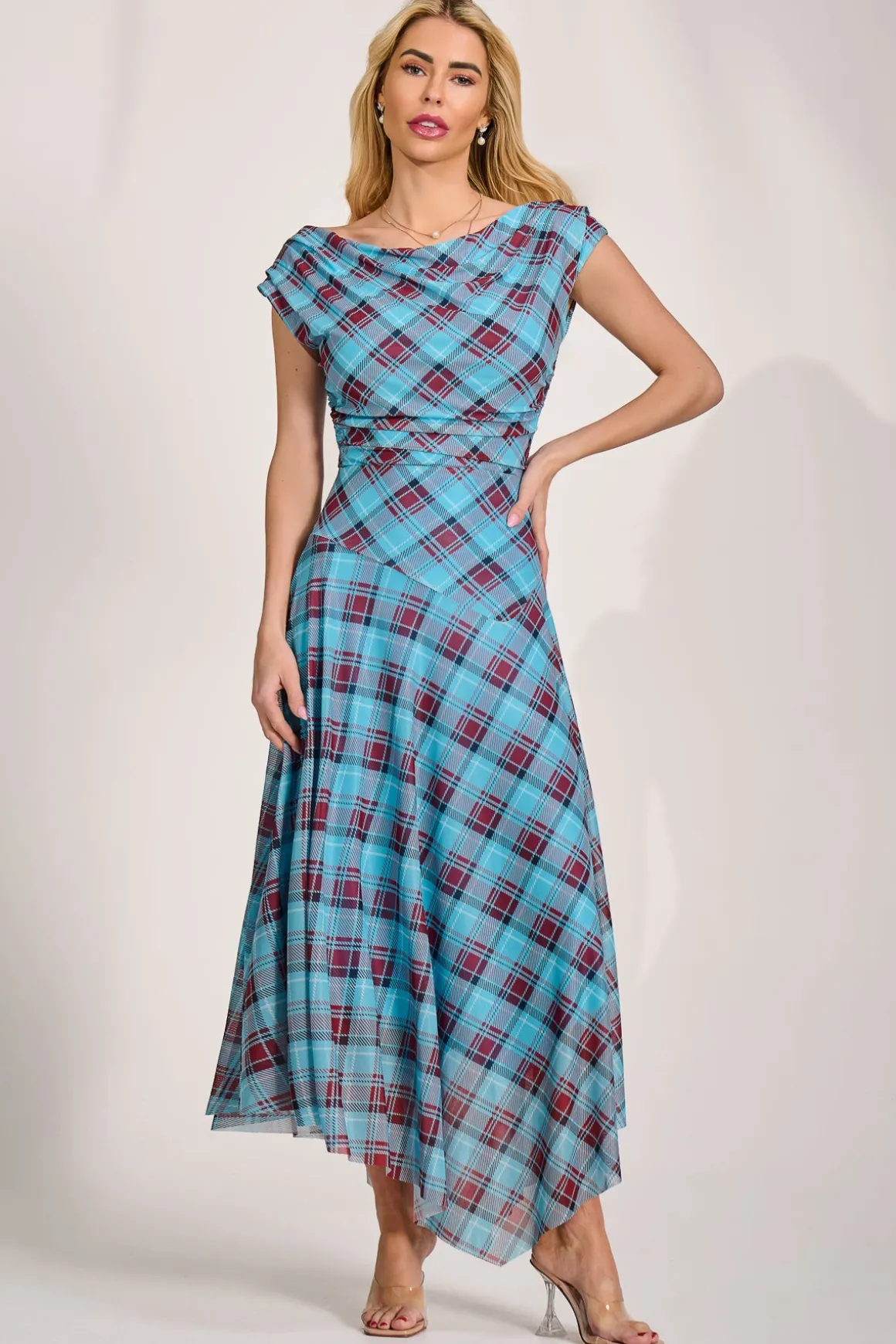Asymmetric Draped Mesh Maxi Dress, Blue Check