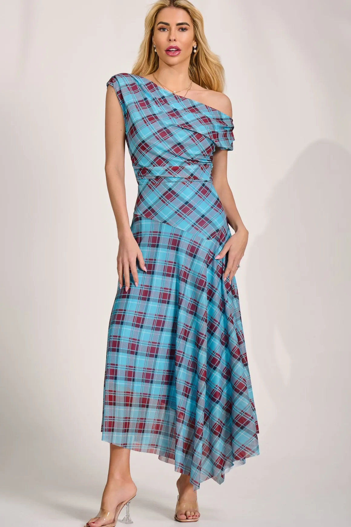 Asymmetric Draped Mesh Maxi Dress, Blue Check