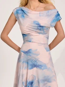 Asymmetric Draped Mesh Maxi Dress, Blue Floral