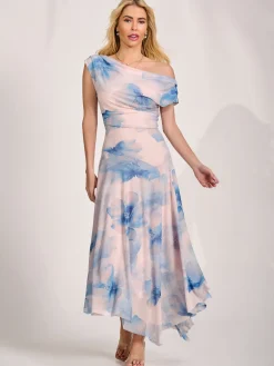 Asymmetric Draped Mesh Maxi Dress, Blue Floral