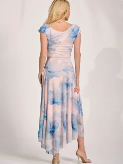 Asymmetric Draped Mesh Maxi Dress, Blue Floral