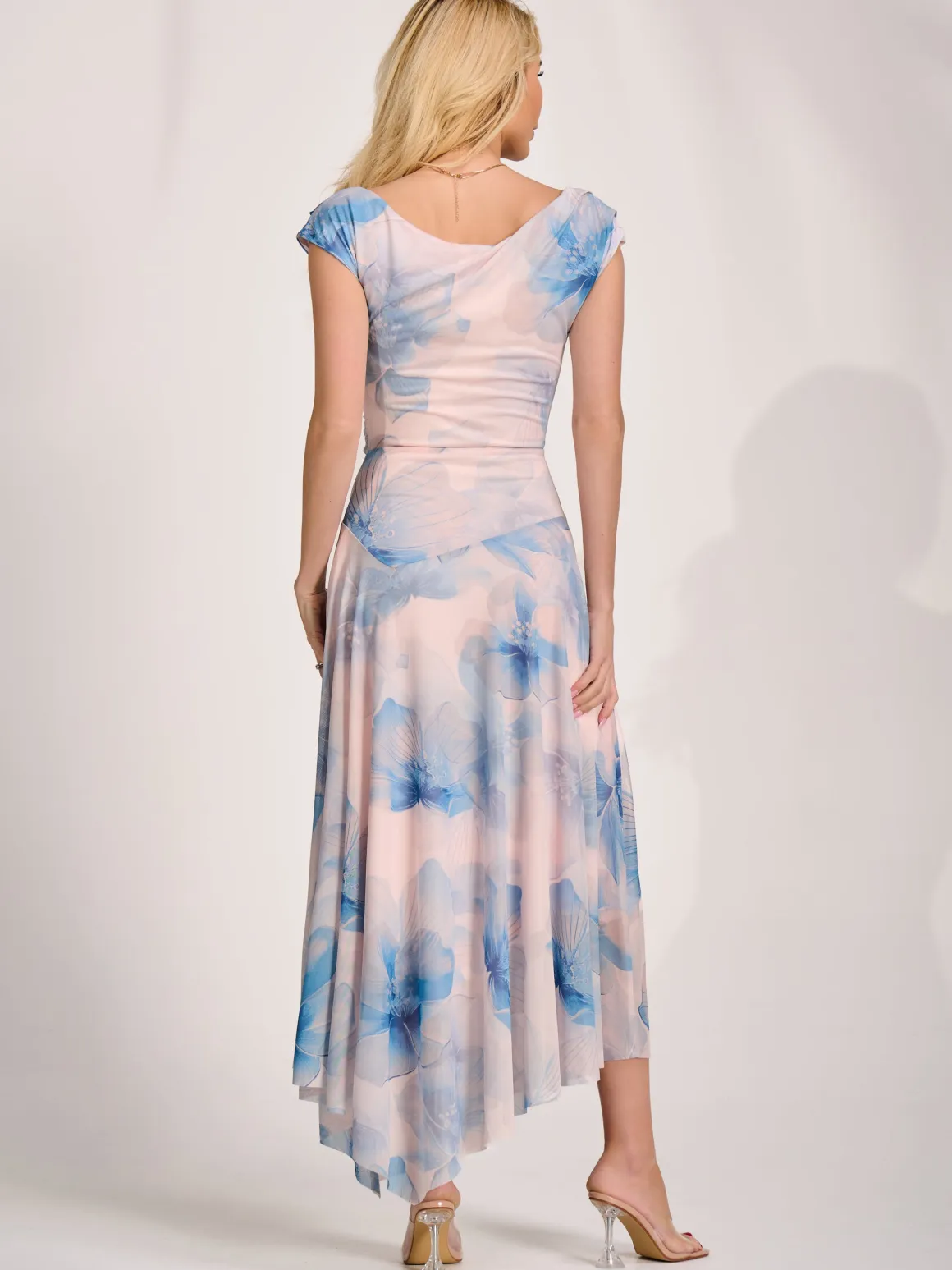 Asymmetric Draped Mesh Maxi Dress, Blue Floral