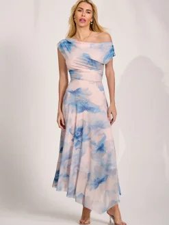 Asymmetric Draped Mesh Maxi Dress, Blue Floral