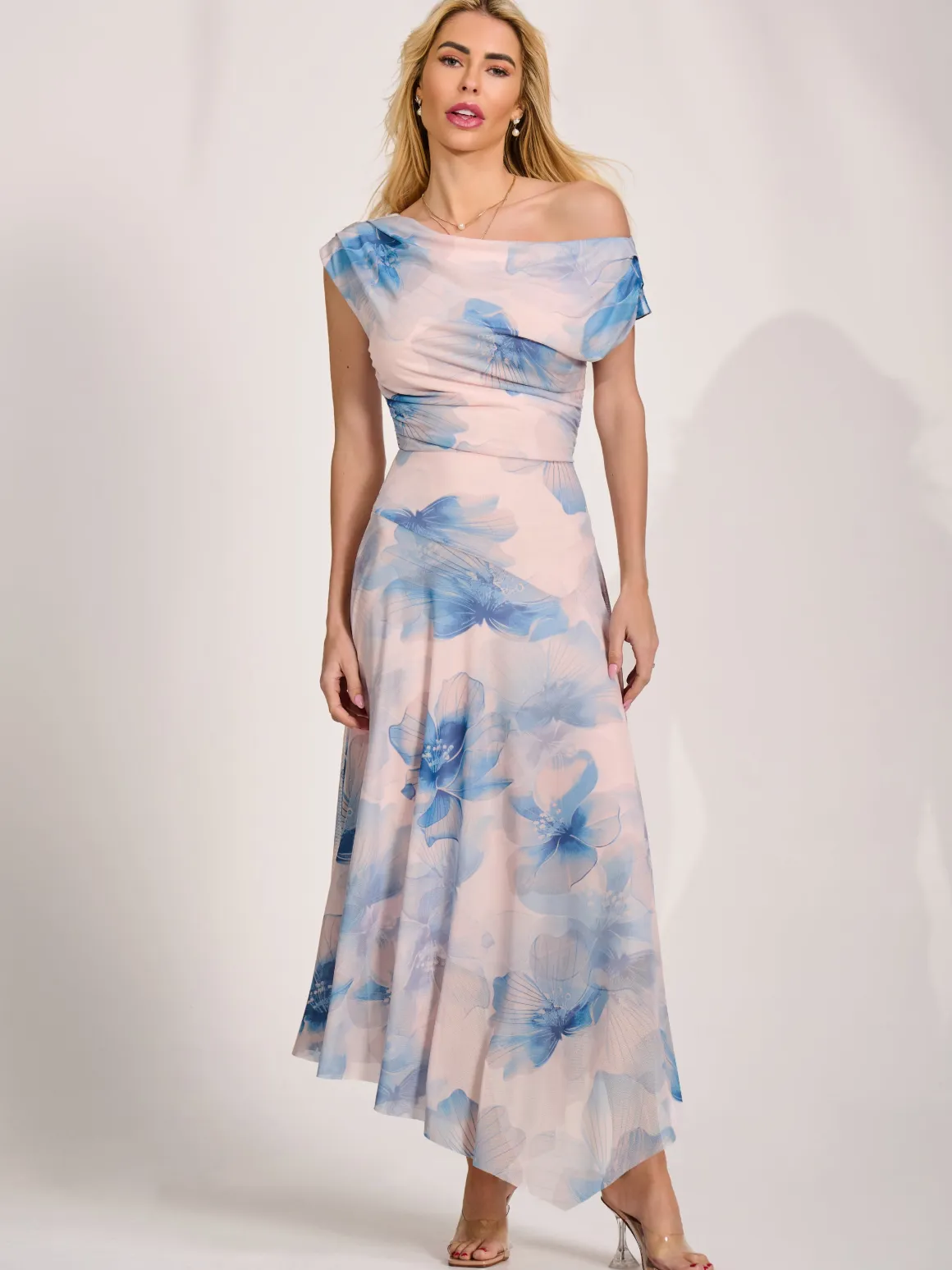 Asymmetric Draped Mesh Maxi Dress, Blue Floral