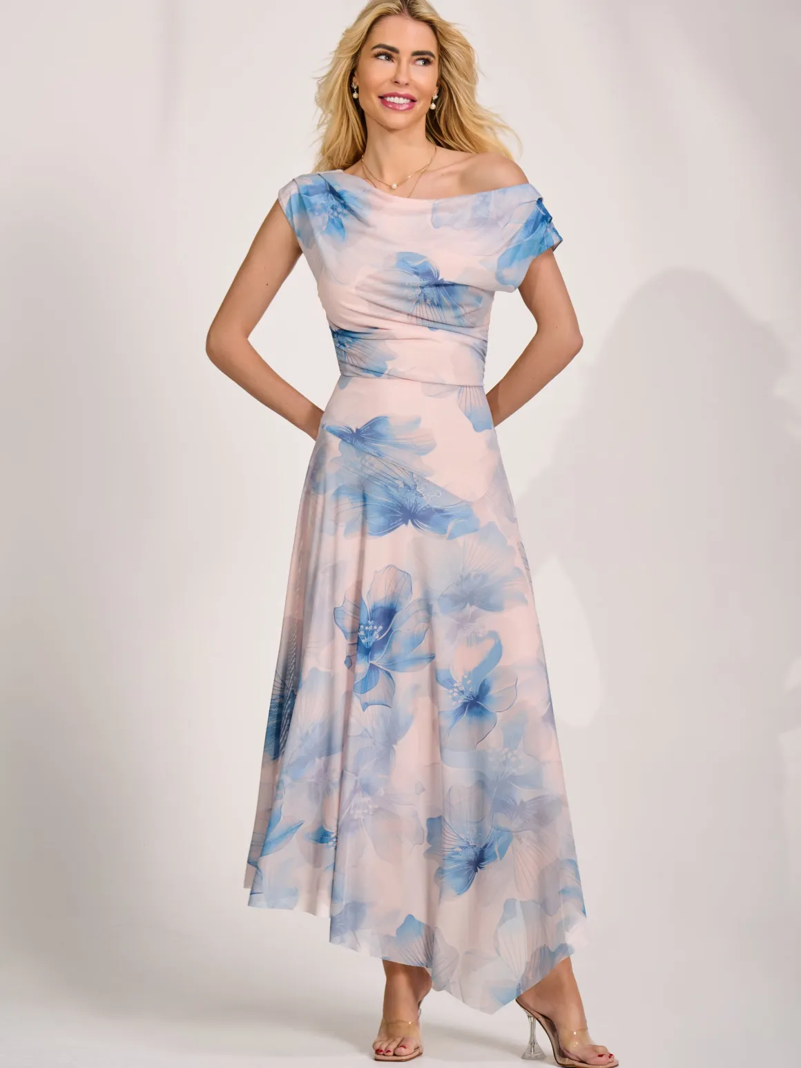 Asymmetric Draped Mesh Maxi Dress, Blue Floral