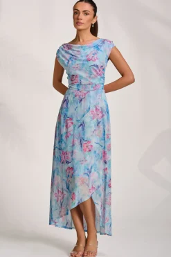 Asymmetric Draped Mesh Maxi Dress, Blue Floral