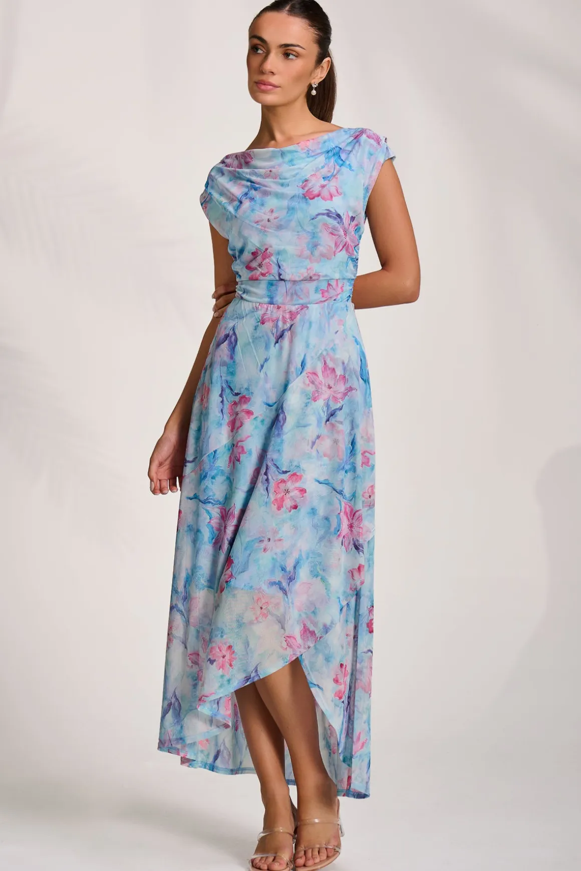 Asymmetric Draped Mesh Maxi Dress, Blue Floral