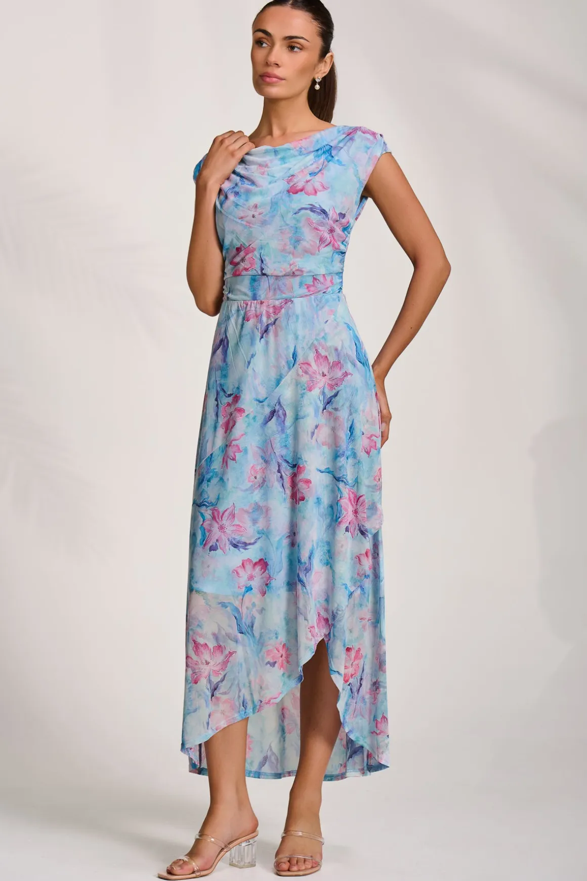 Asymmetric Draped Mesh Maxi Dress, Blue Floral