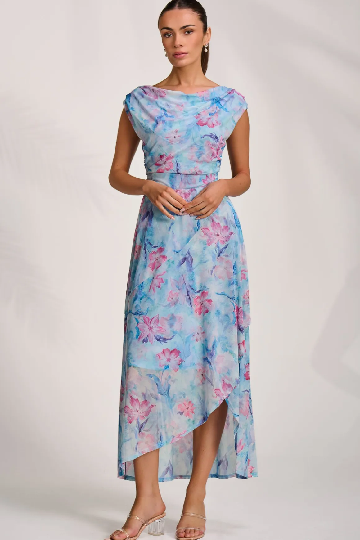 Asymmetric Draped Mesh Maxi Dress, Blue Floral
