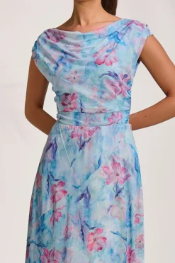 Asymmetric Draped Mesh Maxi Dress, Blue Floral