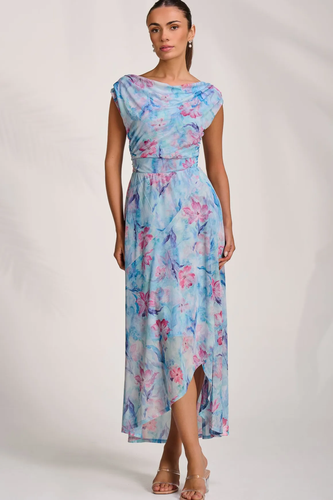 Asymmetric Draped Mesh Maxi Dress, Blue Floral