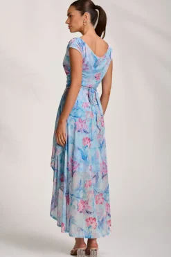 Asymmetric Draped Mesh Maxi Dress, Blue Floral