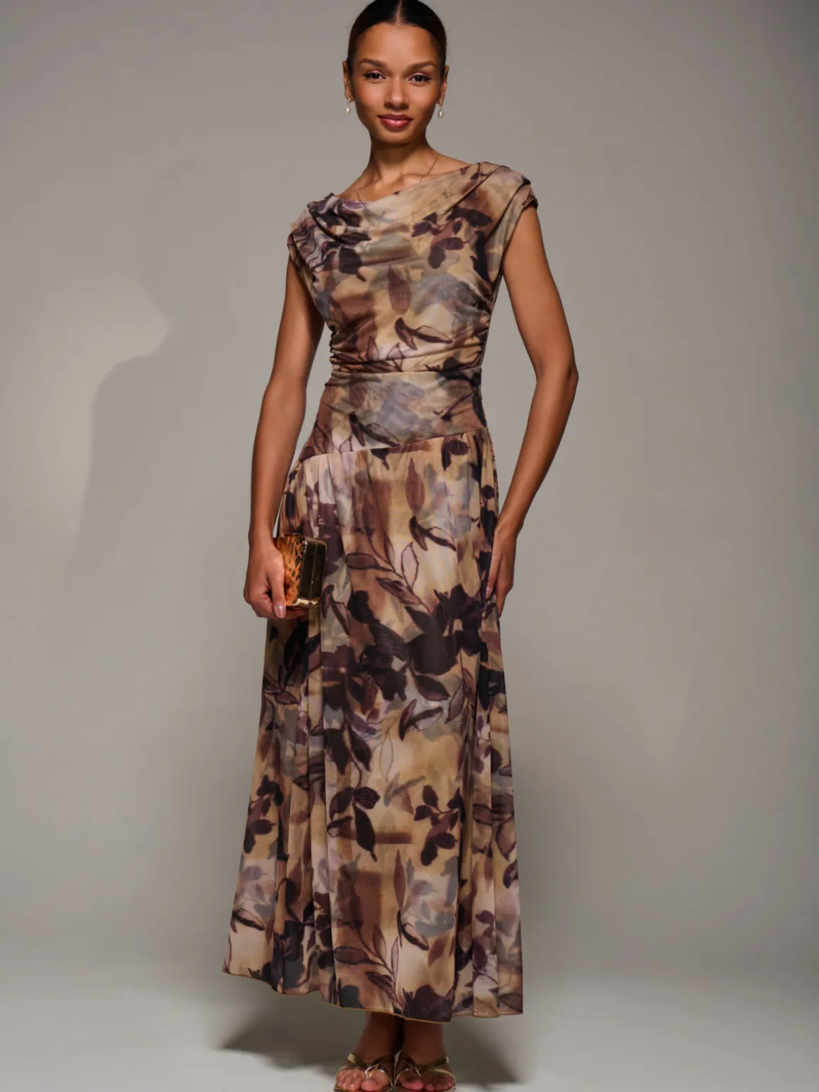 Asymmetric Draped Mesh Maxi Dress, Brown Abstract