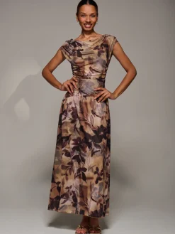 Asymmetric Draped Mesh Maxi Dress, Brown Abstract
