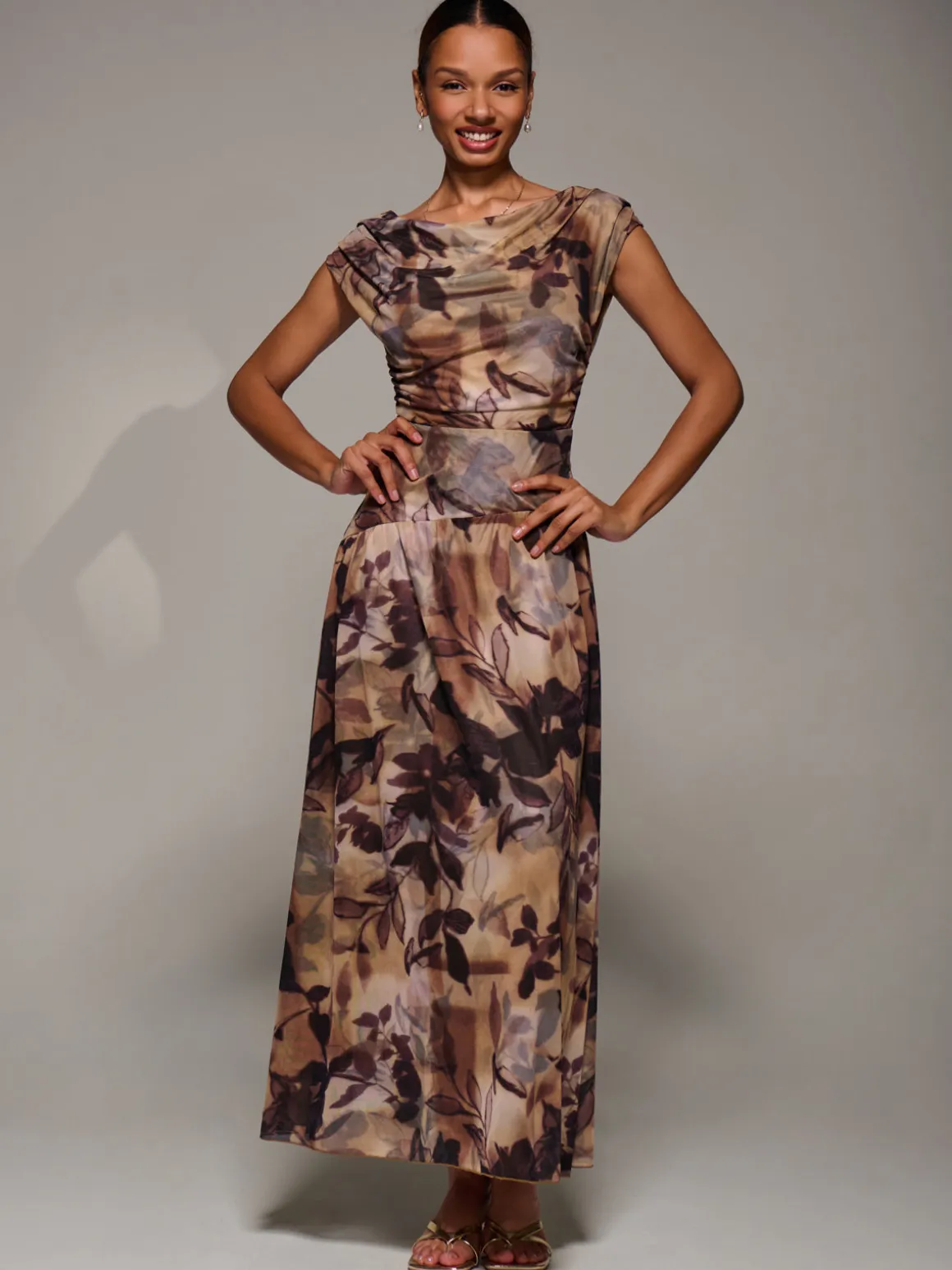 Asymmetric Draped Mesh Maxi Dress, Brown Abstract