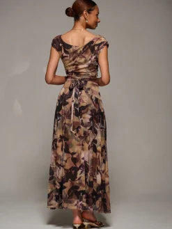 Asymmetric Draped Mesh Maxi Dress, Brown Abstract