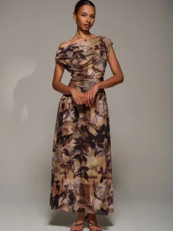 Asymmetric Draped Mesh Maxi Dress, Brown Abstract
