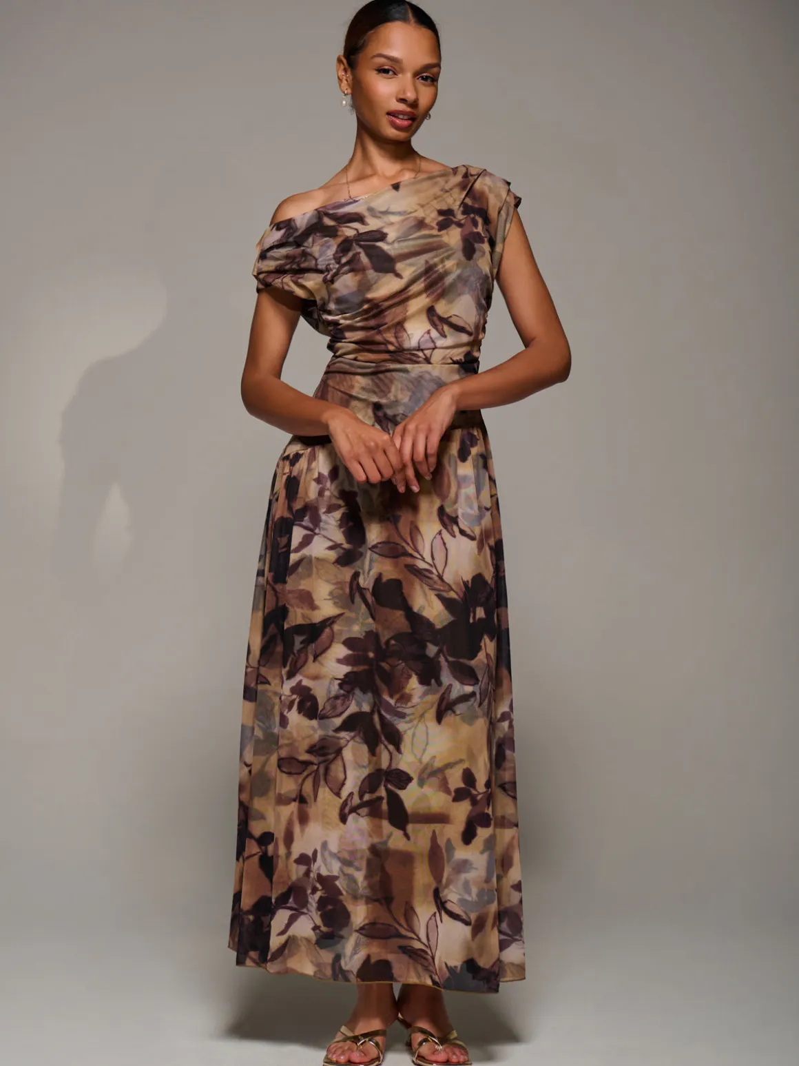 Asymmetric Draped Mesh Maxi Dress, Brown Abstract