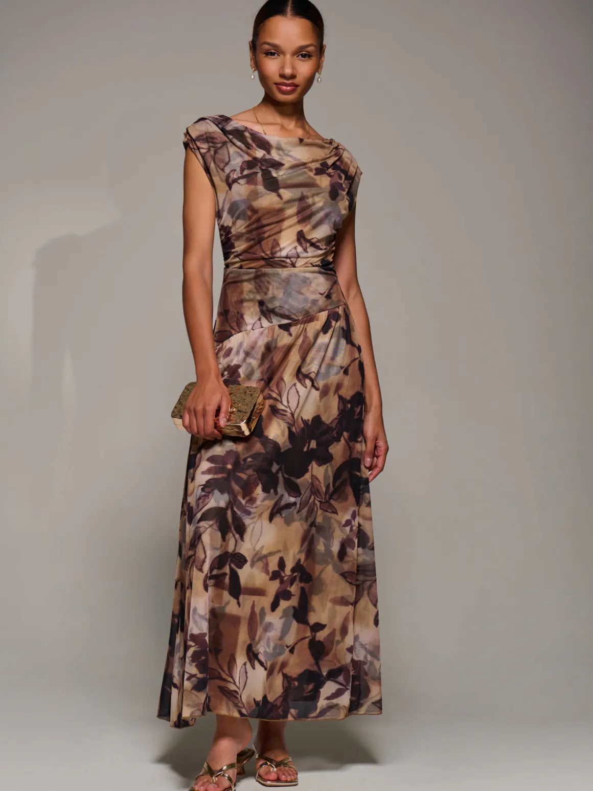 Asymmetric Draped Mesh Maxi Dress, Brown Abstract