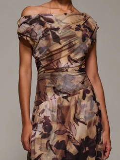 Asymmetric Draped Mesh Maxi Dress, Brown Abstract