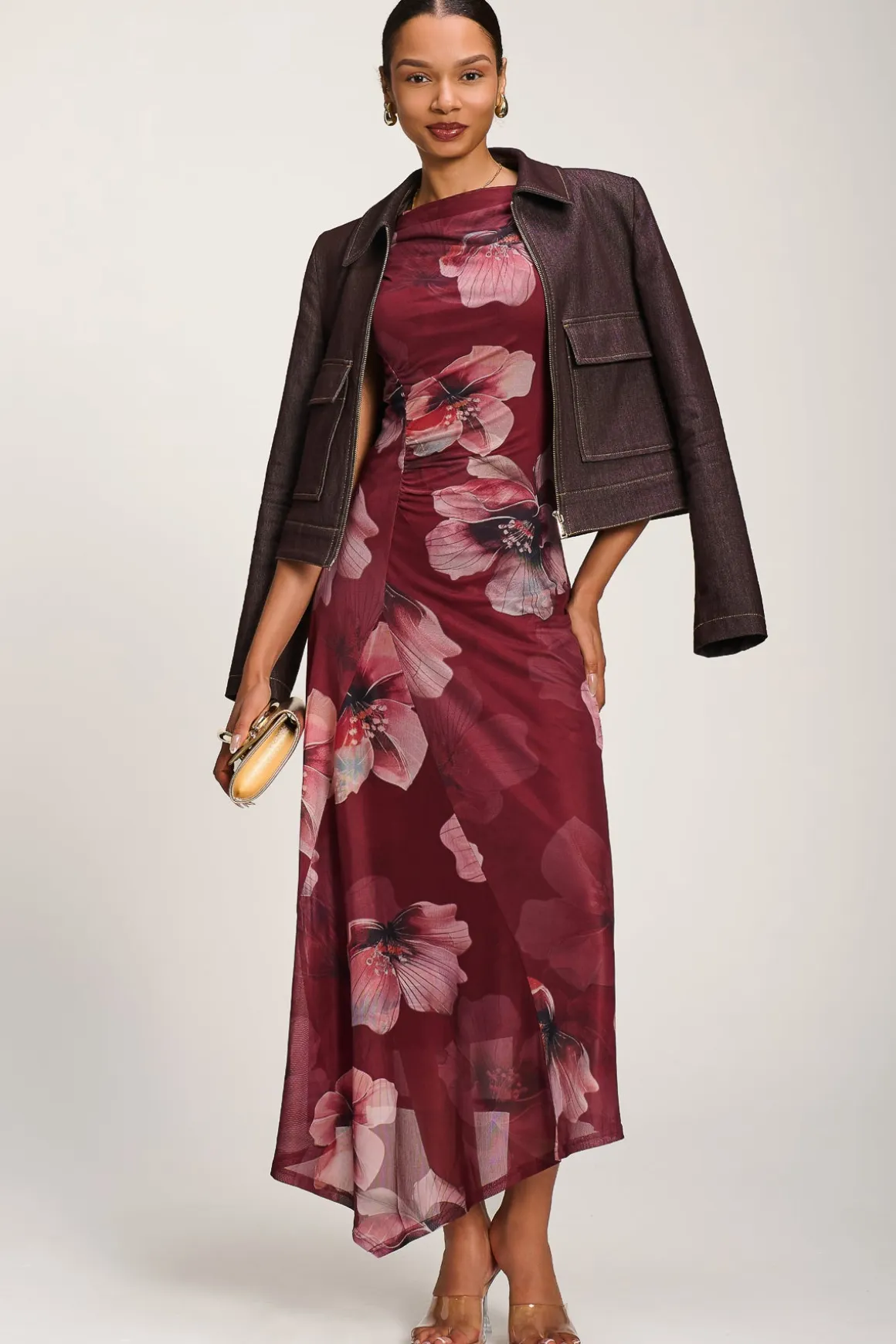 Asymmetric Draped Mesh Maxi Dress, Burgundy Floral