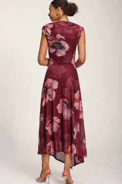 Asymmetric Draped Mesh Maxi Dress, Burgundy Floral