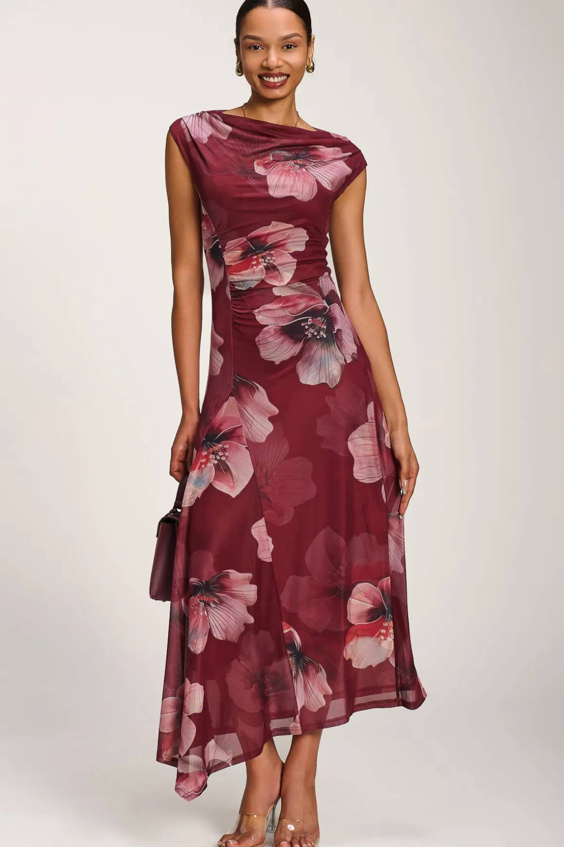 Asymmetric Draped Mesh Maxi Dress, Burgundy Floral