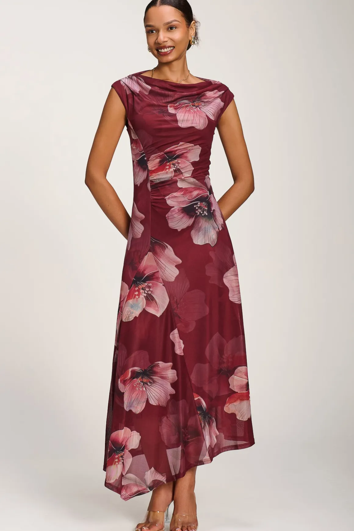 Asymmetric Draped Mesh Maxi Dress, Burgundy Floral