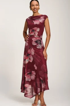 Asymmetric Draped Mesh Maxi Dress, Burgundy Floral