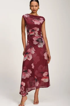 Asymmetric Draped Mesh Maxi Dress, Burgundy Floral