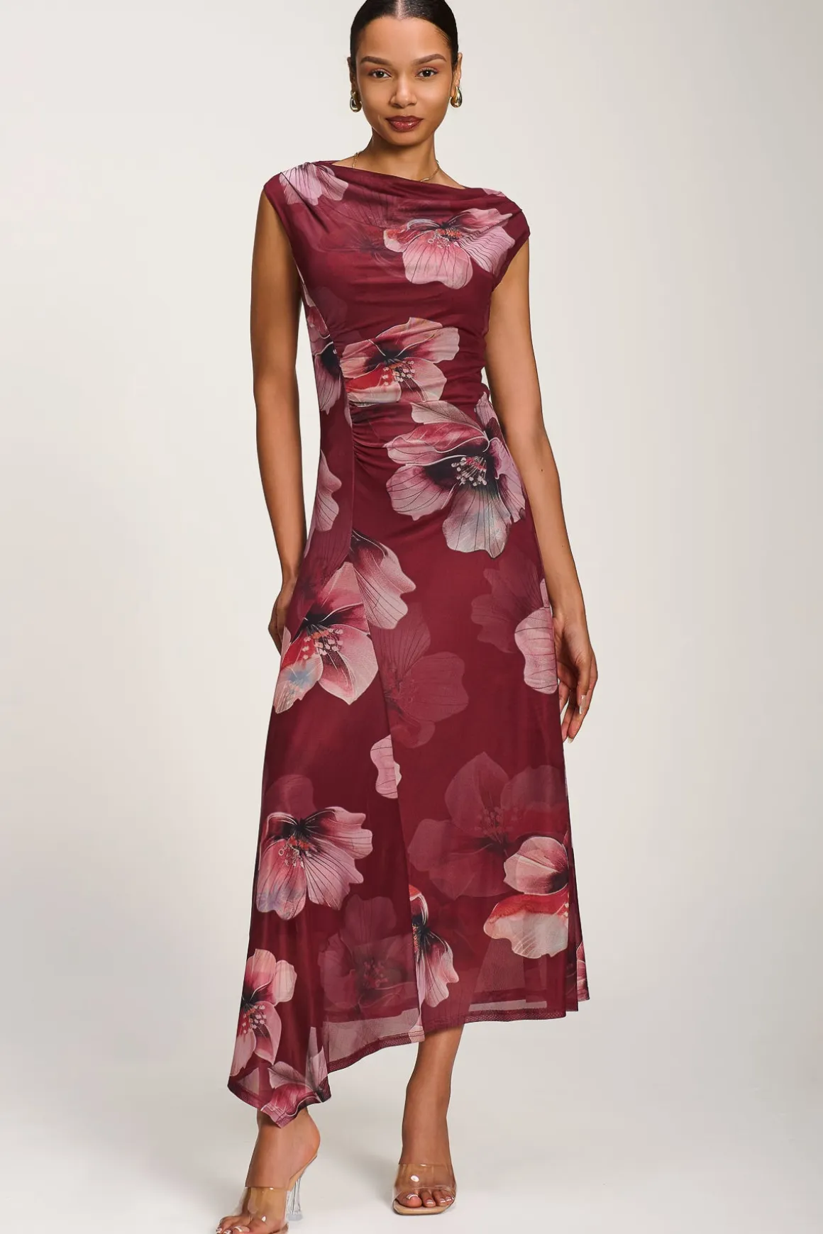 Asymmetric Draped Mesh Maxi Dress, Burgundy Floral