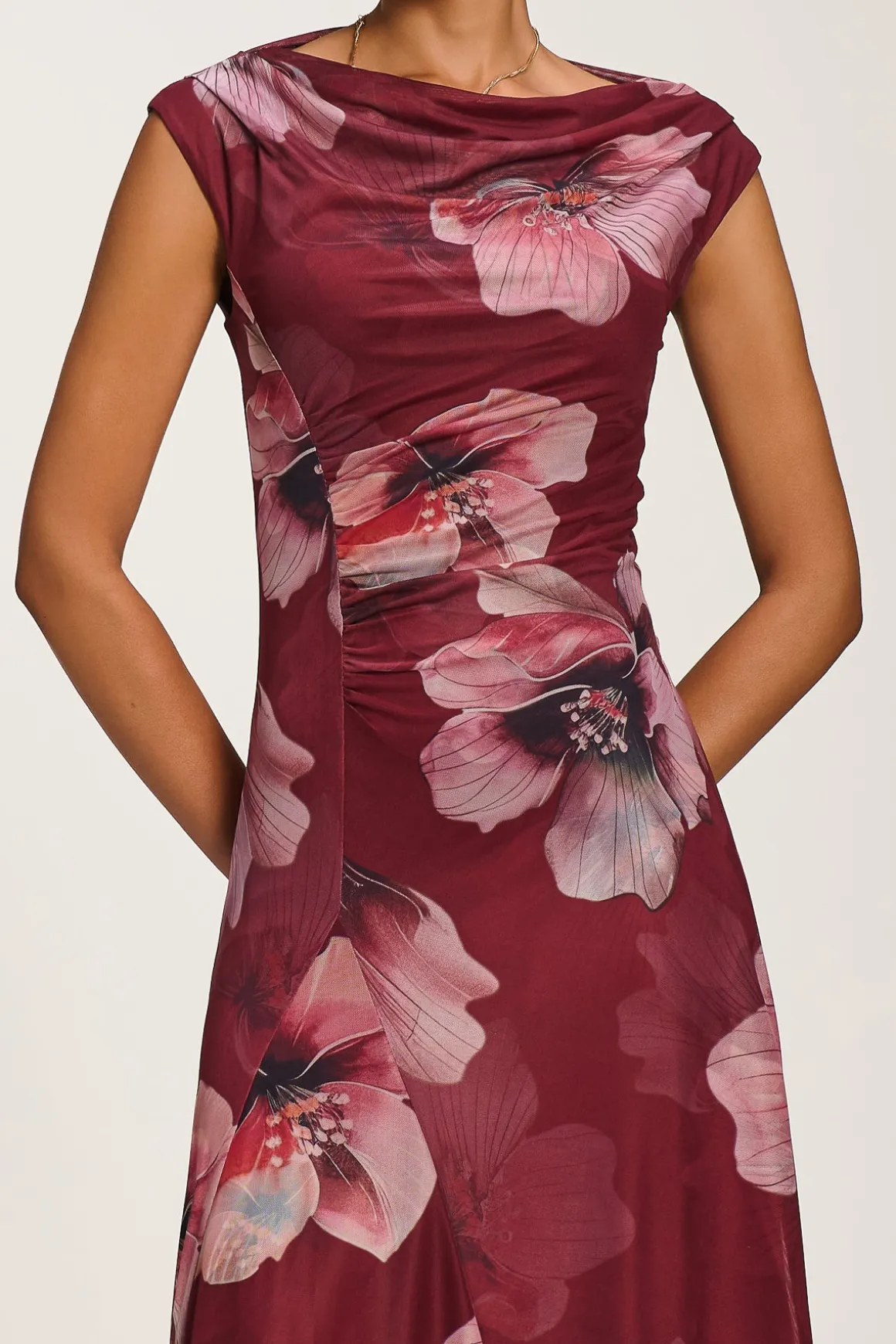 Asymmetric Draped Mesh Maxi Dress, Burgundy Floral