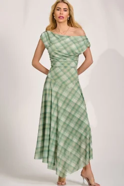 Asymmetric Draped Mesh Maxi Dress, Green Check