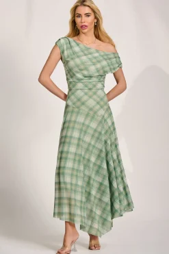 Asymmetric Draped Mesh Maxi Dress, Green Check