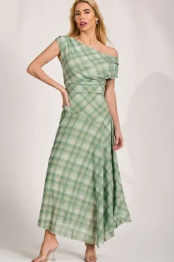 Asymmetric Draped Mesh Maxi Dress, Green Check