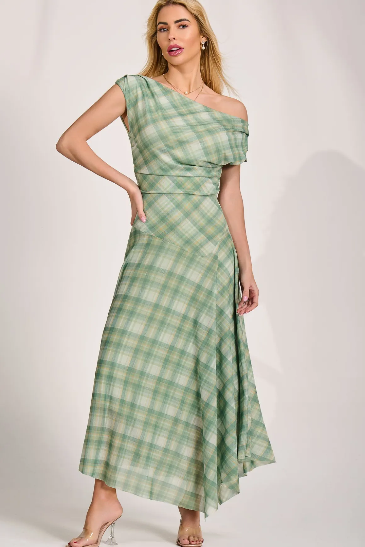 Asymmetric Draped Mesh Maxi Dress, Green Check