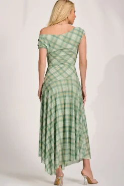 Asymmetric Draped Mesh Maxi Dress, Green Check